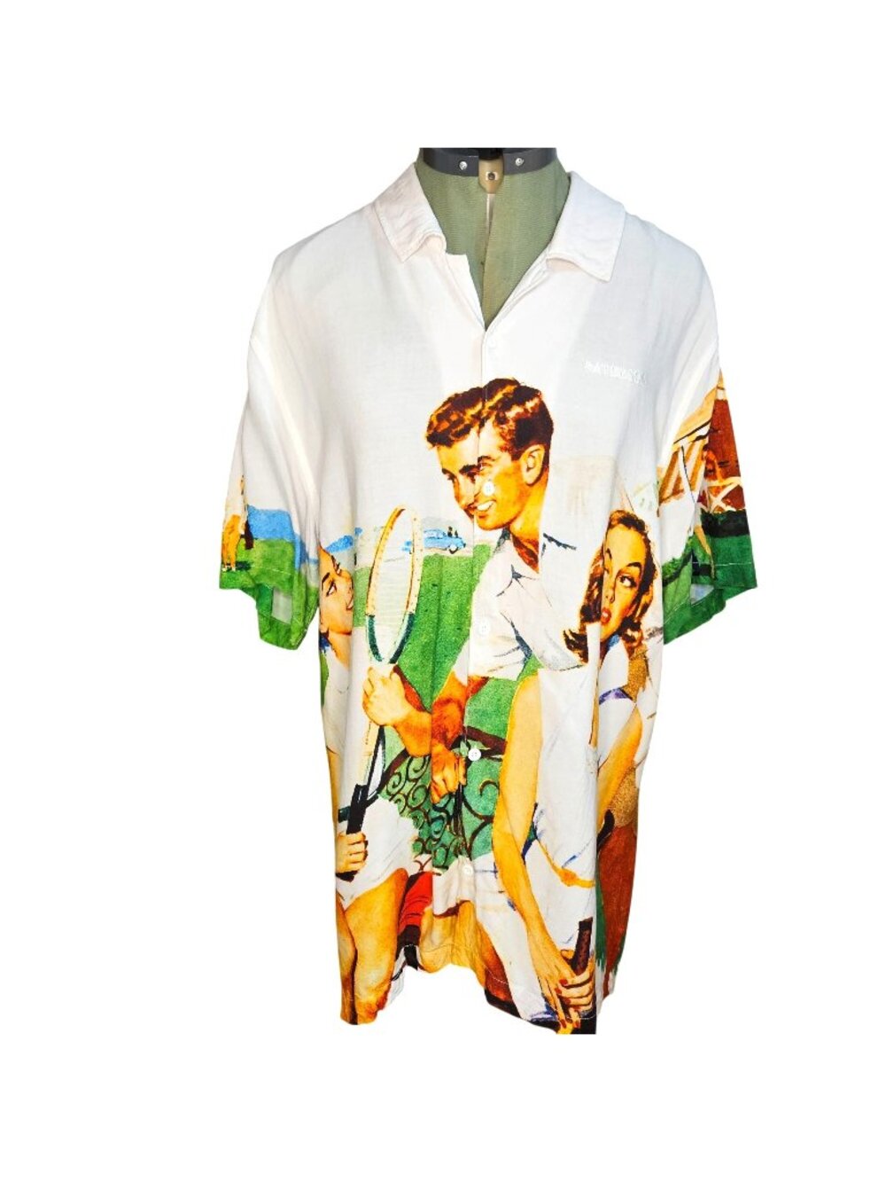 Men's Paterson Retro artpop deco tennis button down rayon resort golf shirt L